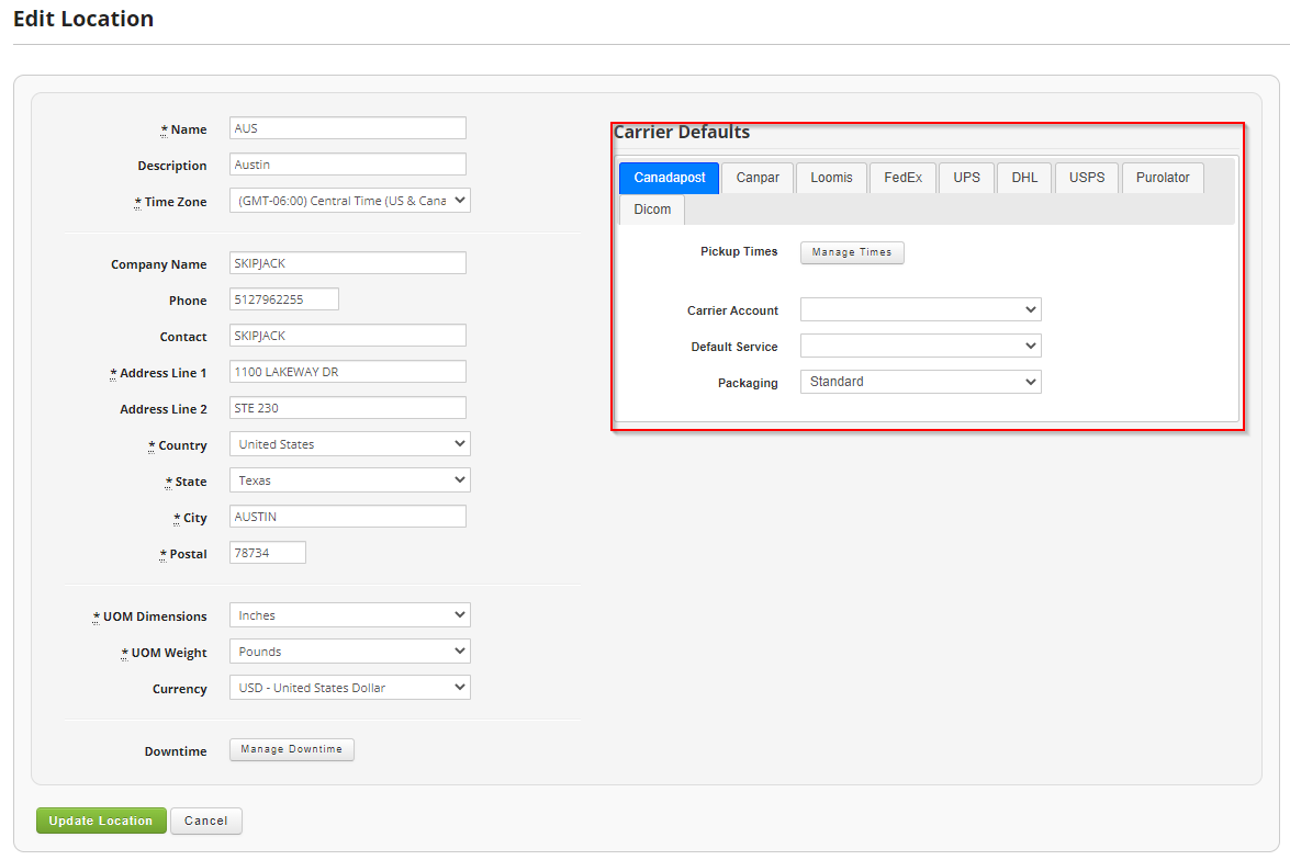 Setting Default Carrier Account Skipjack Supply Chain