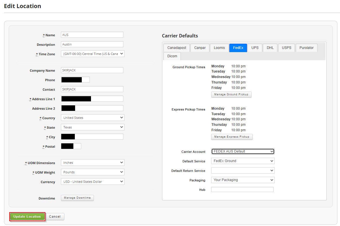 Setting Default Carrier Account Skipjack Supply Chain